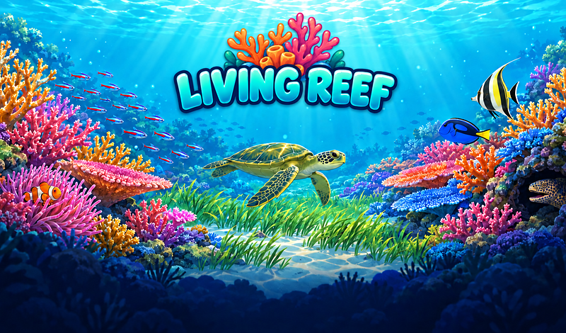 Living Reef cover: a turtle over the corals